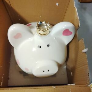 Ceramic Piggy Bank with Gold Crown and Pink Accents